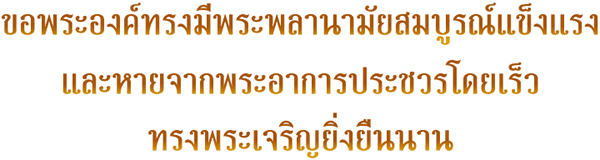 ขอพระองค์ทรงมีพระพลานามัยสมบูรณ์แข็งแรงและหายจากพระอาการประชวรโดยเร็ว ทรงพระเจริญยิ่งยืนนาน